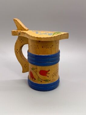 Swedish Vintage Folk Art Handpainted Etched Wooden 5" Stein Tankard with Hinged